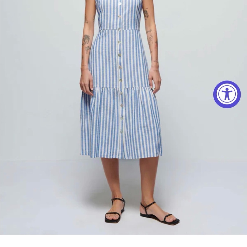 Sleeveless Blue and White Striped Button-Front Midi Dress